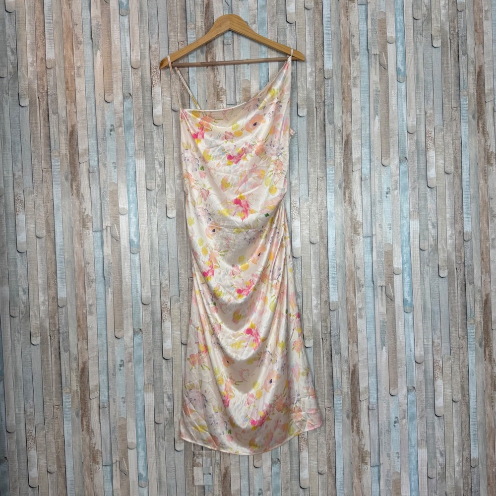New Cider Pink Watercolor Floral Satin Cowl Neck Ruched‎ Midi Slip Dress XL NWT